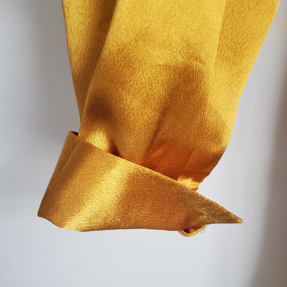 Glamourous Gold Satin Short Shirt Dress Front Tie Ruched Skirt Long Sleeve Luxe - Picture 5 of 10